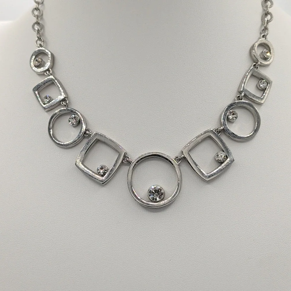 White House Black Market Reversible Necklace Rhinestone Clear, Black Silver Tone